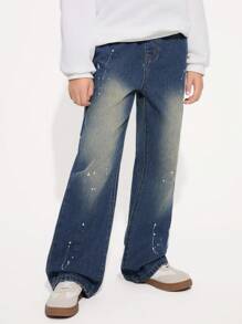 Jeans de pierna recta y acampanada, de estilo suelto y versátil, en estilo casual "Y2K" para niños preadolescentes, apropiados para uso diario y ropa de calle al aire libre - Azul lavado oscuro - Ver 7