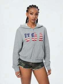SHEIN EZwear Áo hoodie dài tay có khóa kéo họa tiết thể thao cơ bản hàng ngày dành cho nữ của Hoa Kỳ - Màu Xám nhạt - Xem 4
