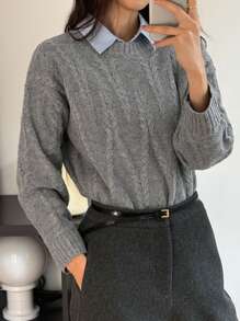 DAZY Autumn New Round Neck Solid Color Sweater For Women - Grey - View 2