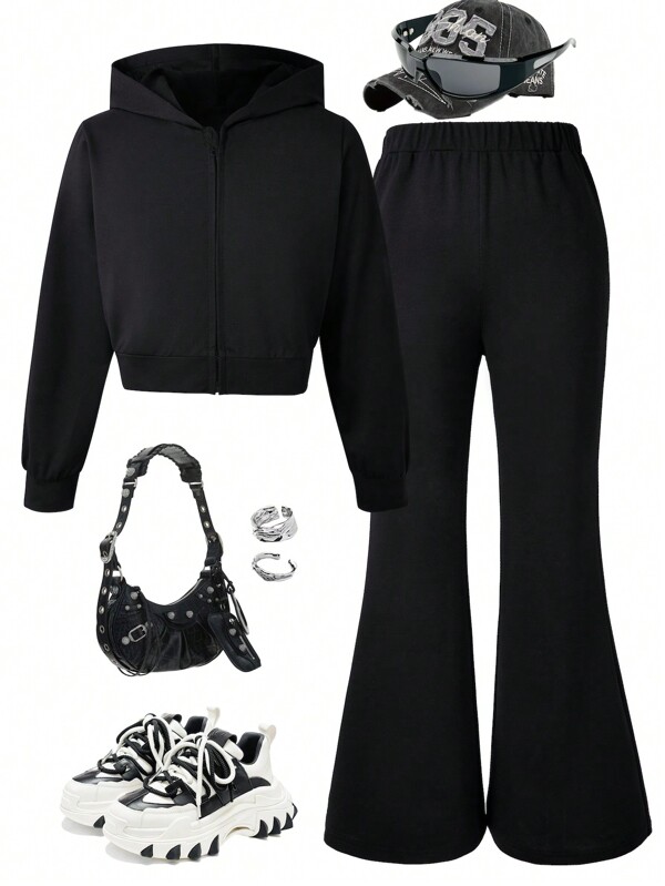 2 Stücke Set mit schwarzem Kapuzenpullover und Schlaghose für Tween Mädchen