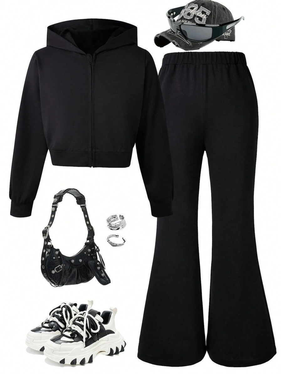 2 件 Tween Girl 黑色连帽衫和喇叭裤套装 - 黑色 - 查看 1