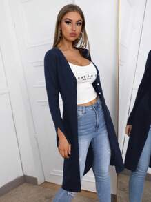 SHEIN Essnce 女式纯色单排扣长款休闲长袖开衫，秋季 - 藏蓝色 - 查看 5