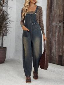 EMERY ROSE Women's Solid Color Pocket Casual Dungarees/Overalls, Autumn