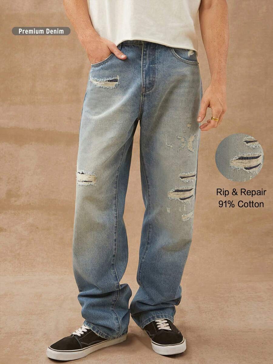 Men Premium 91% Cotton Denim And Repair Straight Leg Jeans - Medium Wash - View 1
