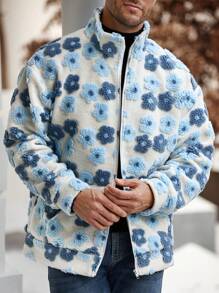 Manfinity Homme Veste zippée décontractée à col montant avec motif floral floqué pour homme, automne