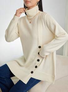 Mulvari Korean Style Loose High Neck Mid-Length Sweater Women, Slouchy Casual Pullover Knit Top, Asymmetrical Hem Minimalist Design Knit Pullover Fall Winter Outfit