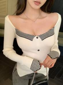 DAZY Stripe Patchwork Slit Fitted Minimalist Knitted Sweater For Women,Fall Clothes