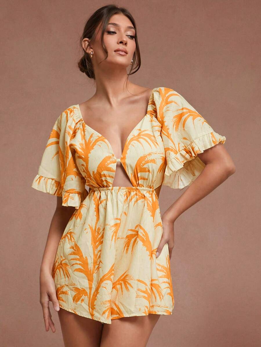 SHEIN Unity Bộ đồ liền thân hở lưng tay bèo nhún in hình lá cho kỳ nghỉ hè - Nhiều màu - Xem 1