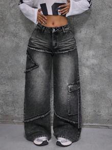 SHEIN ICON Quần Jeans Ống Rộng Lưng Thấp Phong Cách Đường Phố Cho Nữ Màu Đen - màu đen - Xem 4