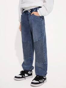 Tween Boys Aqua Blue Washed Denim Jeans,Summer Streetwear Back-To-School Pants,Comfortable Elastic Waist Casual School Trousers With Unique Design - Dark Wash - View 5