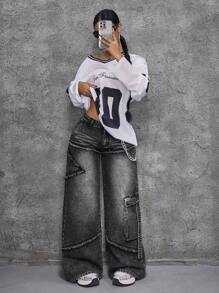 SHEIN ICON Quần Jeans Ống Rộng Lưng Thấp Phong Cách Đường Phố Cho Nữ Màu Đen - màu đen - Xem 8