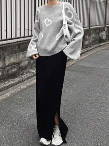 FRIFUL 1pc Women Heart Embroidery Contrast Color Loose Fit Sweater Fall,Winter