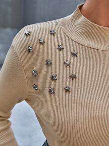 EURMUSE Women's Metal Star Decor Stand Collar Long Sleeve Fashionable Sweater