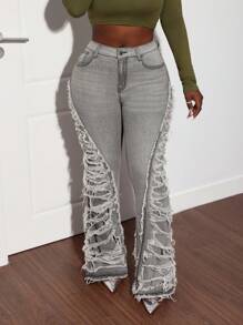 Slaydiva Women's Sexy Ripped Gray Flared Pants Jeans - Grey - View 5