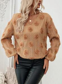 Chiquease Loose Fit V-Neck Lantern Sleeve Elastic Hem Floral Textured Fabric