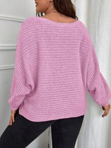 SHEIN LUNE Plus Size Women Solid Color Batwing Sleeve Casual Sweater, Autumn/Winter Knit Pullover Fall - Pink - View 2