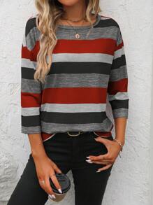 EMERY ROSE 女士休闲全条纹印花宽松圆领 3/4 袖 T 恤图案 T 恤女式上衣 - 彩色 - 查看 4