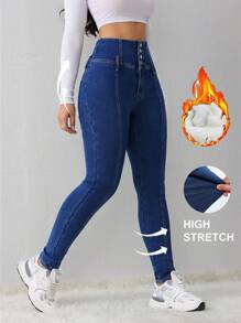 SHEIN Tall Women's Jeans Blue High Waist Skinny Plus Fleece Jeans Tall Women's Jeans Winter Jeans Thermal Denim Teddy Denim Teddy Thermal Fuzzy Fleece Teddy Women Joggers Leggings Women Jeans Fleece Leggings Winter Women Clothes Thermal - Medium Wash - View 4
