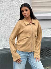 SHEIN EZwear Women's Solid Color Front Zipper Long Sleeve Simple Casual Pocket Bomber Jacket - Khaki - View 5