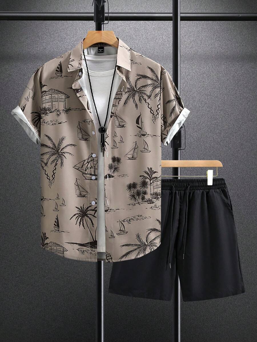 Manfinity RSRT 男士度假休闲短袖衬衫和短裤套装，橙色，饰有藤蔓花卉数码印花和简洁线条。正面纽扣设计，非常适合音乐节、夏威夷海滩度假和日常穿着。它也是送给男朋友或老公的绝佳礼物。男士短袖衬衫和短裤夏季套装，时尚，男士短裤套装，男士两件套服装 - 彩色 - 查看 1