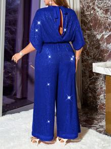 SHEIN Privé Plus Size Glitter Jumpsuit, Comfortable, Elegant, Luxurious, Loose With Self-Tie For Women, All Season Wear - Blue - View 2