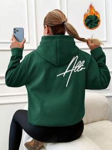 SHEIN Cottnline 95% 纯棉字母刺绣落肩保暖内衬连帽衫 - 綠色 - 查看 2