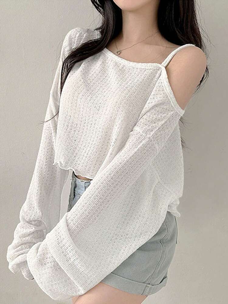 Women Casual Oblique Shoulder Asymmetrical Hem Short T-Shirt, Autumn Long Sleeve Women Tops,Fall Women Clothes Crop Women Tops
