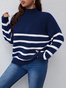 SHEIN Franclia 大码女式半高领条纹设计休闲套头衫，秋冬 - 藏蓝色 - 查看 5