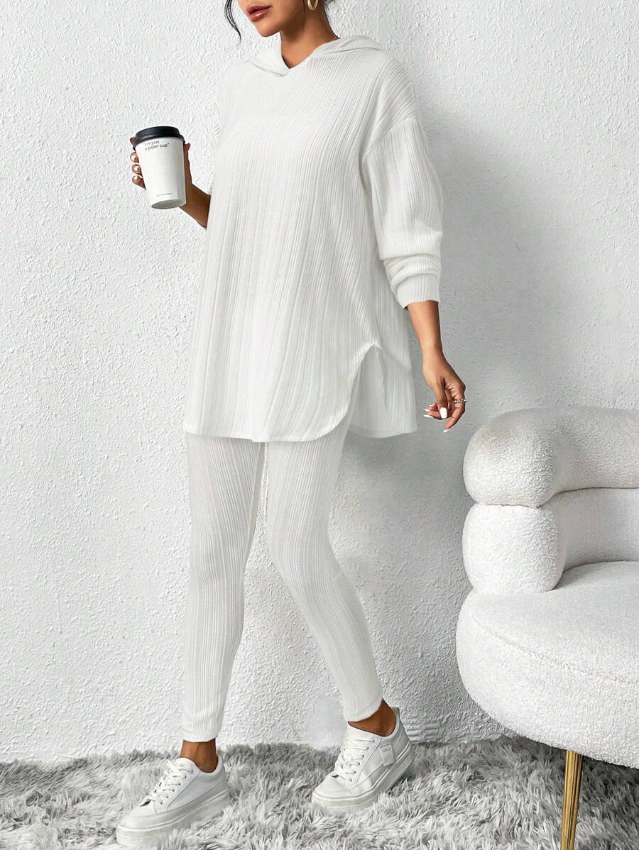 SHEIN Essnce Women Outfit Sets Black Velvet Sweatshirt Hooded Long-Sleeved Warm Tight Leggings Women's Casual Striped Hooded Top Leggings Winter