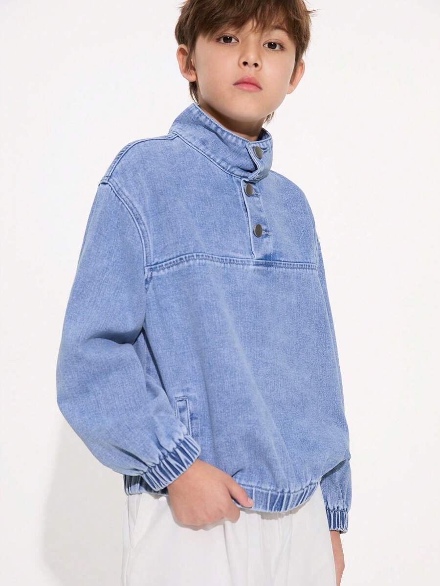 Tween Boy Casual Basic Comfortable Soft Denim Bomber Jacket, Suitable For Daily Wear - Medium Wash - View 1