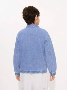 Tween Boy Casual Basic Comfortable Soft Denim Bomber Jacket, Suitable For Daily Wear - Medium Wash - View 2