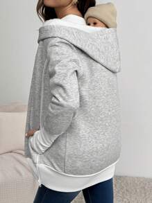 SHEIN 孕妇三合一装饰袋鼠口袋连帽长袖夹克和开衫，适合秋季，适合冬季 - 黑色 - 查看 8