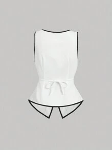 SHEIN MOD 复古风格撞色边饰女式休闲马甲上衣，复古时尚，商务装 - 白色 - 查看 2