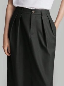 Ontre 女装2025秋季新款休闲纯色百褶长直筒裙，简约时尚，适合日常通勤、商务休闲、沙滩、生日派对、教师制服、办公室穿着