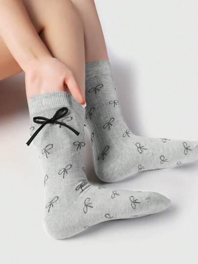 Kawaii 2 Pairs Vintage Style Elegant Simple Versatile College Ribbed Bow + Embroidered Bow Crew Socks Combo Pack, Suitable For Women Daily Outfit, Comes In Gift Box Packaging