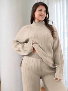 EURMUSE OLUS SIZE HIGH NECK CASUAL SWEATER CORDS - Beige - View 3