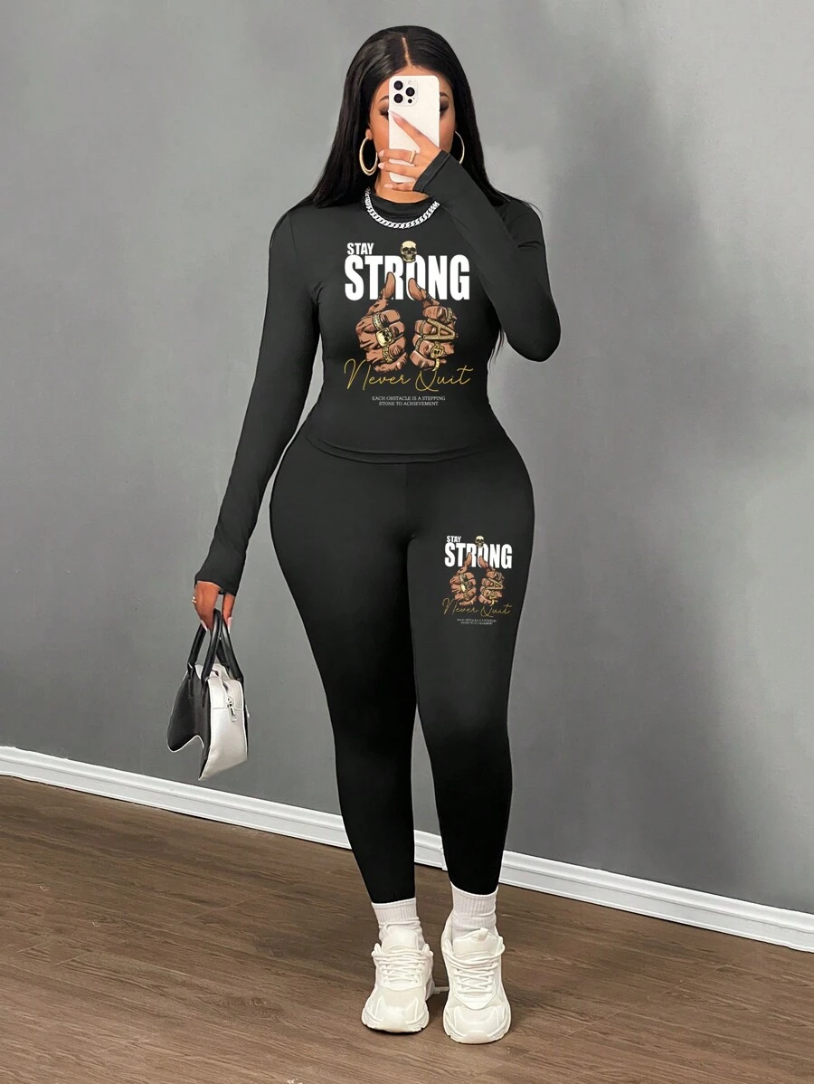 Slaydiva 2 件套女士休闲简约针织长袖紧身套装，春/秋 - 黑色 - 查看 1