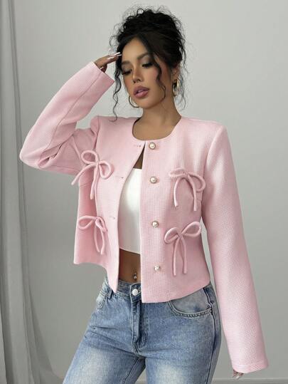 Selianne Bow Decor Front Button Round Neck Elegant Long Sleeve Pink Jacket Coat Fall Winter Cloth For Women