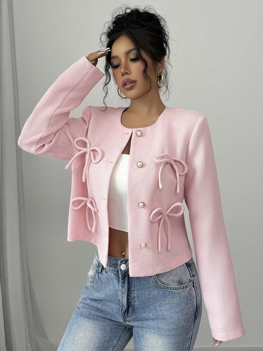 Bow Decor Front Button Round Neck Elegant Long Sleeve Pink Jacket Coat Fall Winter Cloth For Women - Pink - View 1