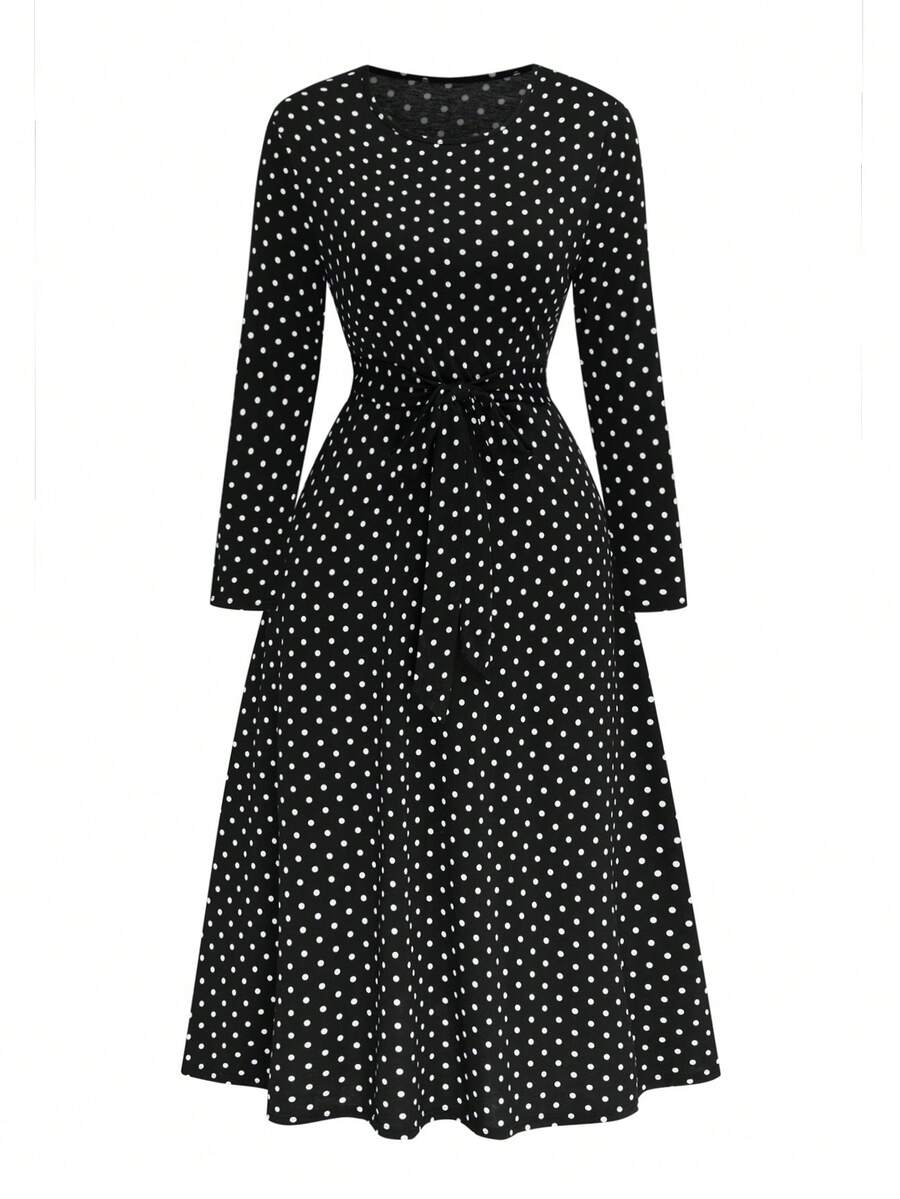SHEIN Clasi Đầm Maxi Cổ Tròn Tay Dài In Chấm Bi Cho Nữ Cỡ Lớn Sang Trọng - màu đen - Xem 1