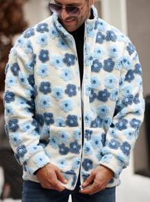 Manfinity Homme Veste zippée décontractée à col montant avec motif floral floqué pour homme, automne