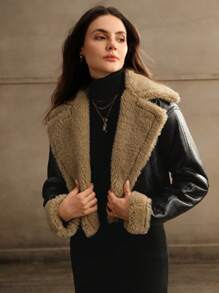 SHEIN x Carly Lawrence Anewsta 1pc Fashionable Premium Modern Detachable Faux Shearling Black Coat For Autumn/Winter - Black - View 5