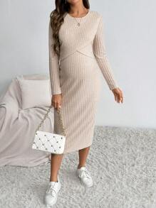 SHEIN Vestido de maternidad y lactancia, vestido casual de manga larga y cuello redondo de unicolor, otoño
