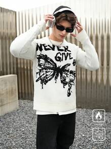 Manfinity Hypemode Suéter de cuello redondo con estampado de letras y mariposas, efecto de color block, de manga larga, para hombre, casual, para salidas con amigos en otoño/invierno
