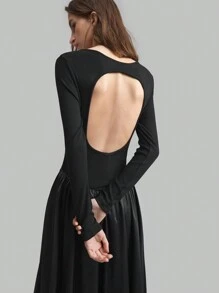 Ontre Women's Black Fashionable Everyday Hollow Back Patchwork Ruffle Hem Dress