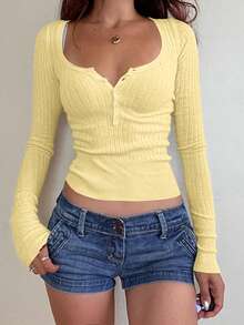 Mystra 女士休闲纽扣罗纹修身长袖毛衣/T恤，适合夏季和秋冬季节穿着