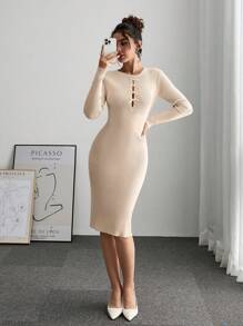 SHEIN Frenchy Đầm thường ngày dài tay cổ tròn màu trơn dành cho nữ có trang trí nơ - Màu be - Xem 5