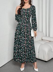 Modelyn 1 件女式花卉印花长袖阿拉伯朴素连衣裙