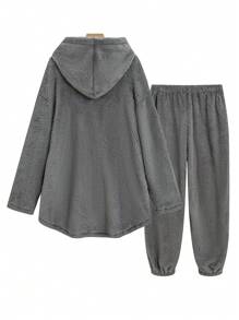 SHEIN LUNE Plus Size Asymmetrical Hem Button Casual Hooded Top & Pants 2 Pieces Set, Winter Fall