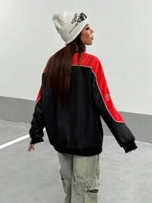 StreetHx Women's Autumn Letter Print Color Block Oversized Fleece Sweatshirt Pullover Fall - Black - View 2